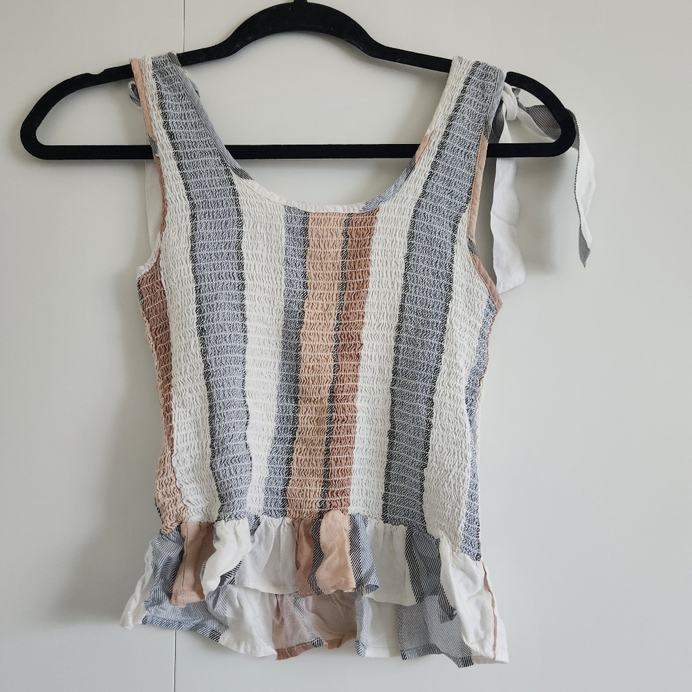 Japna Striped Smocked Tank Peplum Tie Shoulder Top Size S